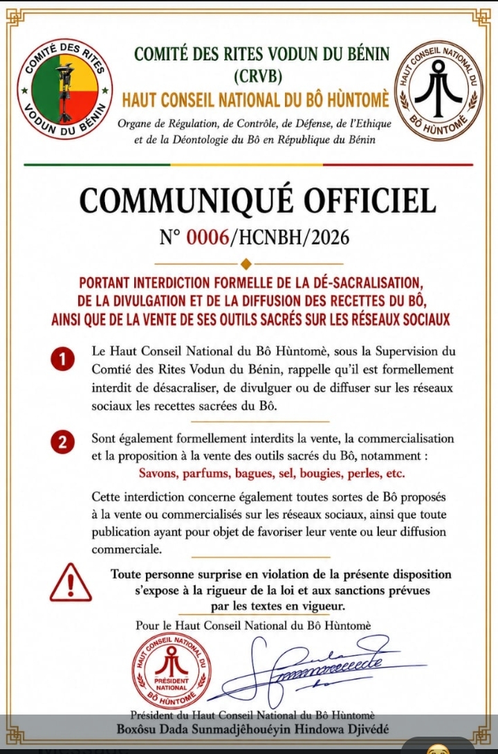 Bénin : le Haut Conseil National du Bô Hùntômè interdit la diffusion des recettes et la vente des outils sacrés du Bô