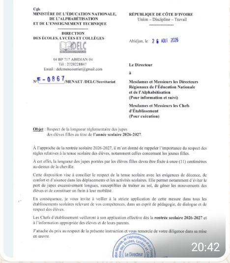 Côte d’Ivoire / Tenue scolaire : les jupes des élèves filles devront mesurer au moins 11 centimètres au-dessus du genou