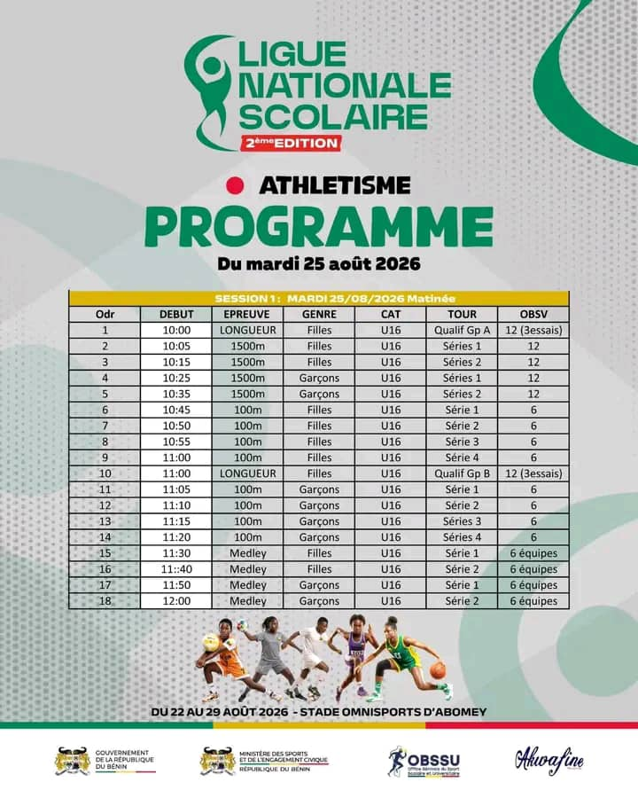 Ligue Nationale Scolaire au Bénin : le programme complet du mardi 25 août 2026