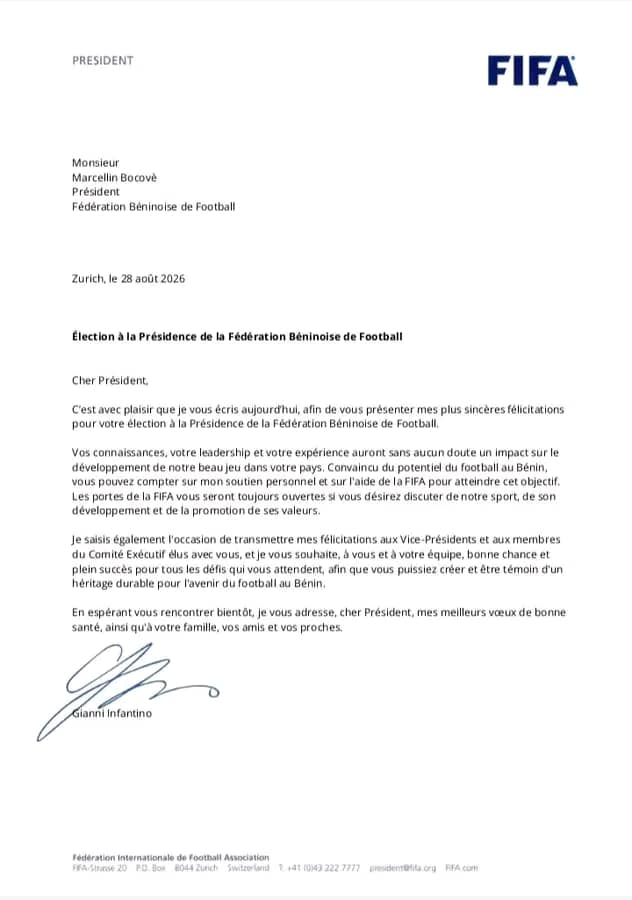 FIFA : Gianni Infantino félicite Marcellin Bocovè